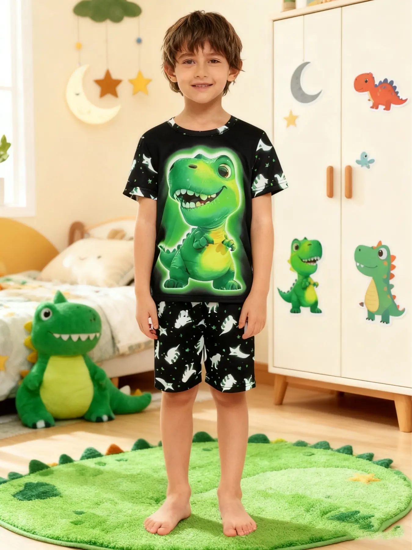 Boy's Cartoon Dinosaur Print Crew Neck Tee & Elastic Waist Shorts Pajama Two-Piece Set, Casual Comfy Round Neck Short Sleeve T-shirt & Shorts PJ Set, Kids Sleepwear for Summer, Cartoon Pattern Pajamas, Sleepwear Pajamas