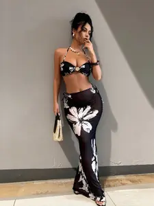 2026 New Luxury Floral Bikini Set, Halter Design & Mesh Side Drawstring Maxi Skirt, Tummy Control Slimming Swimwear
