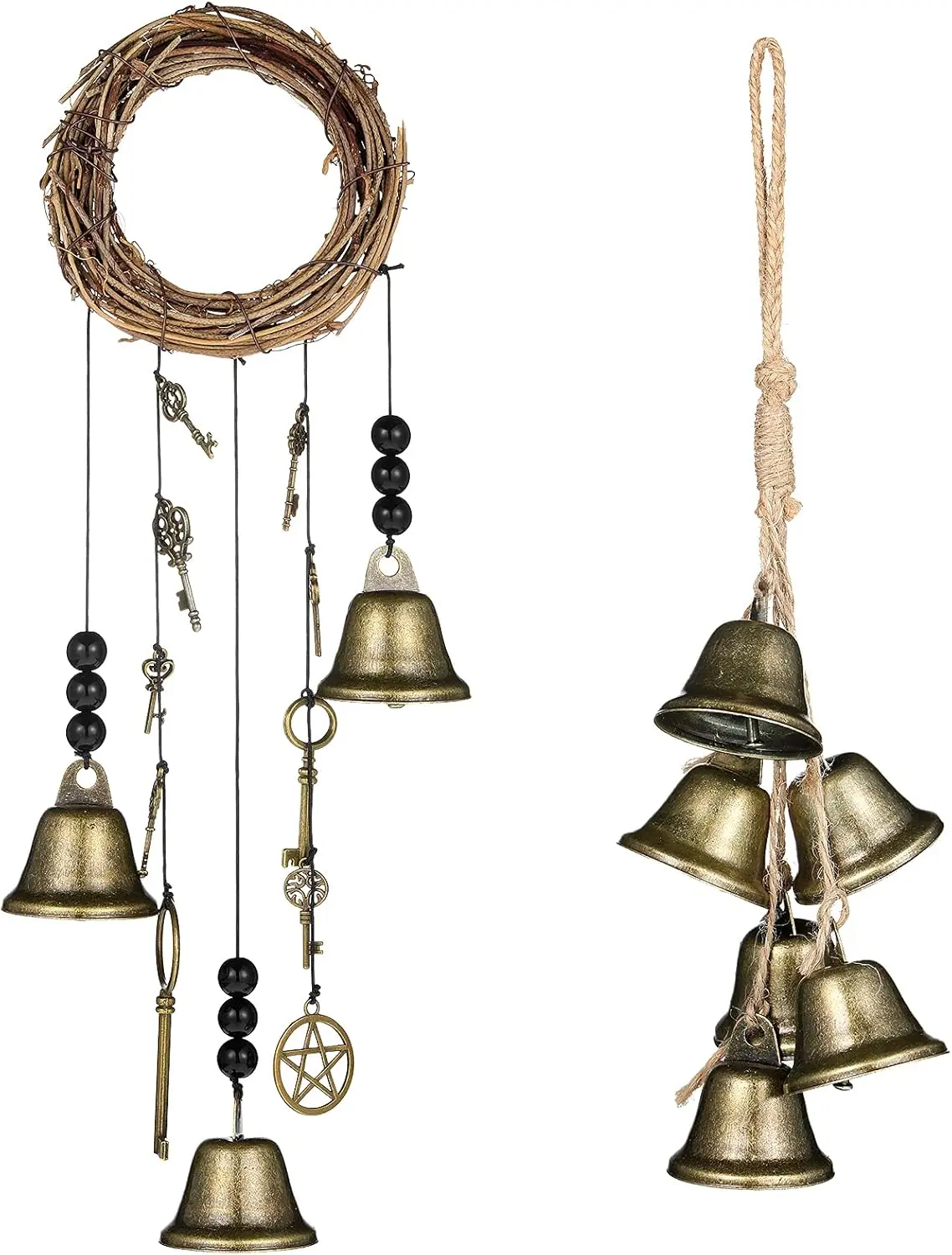 2 Pieces Witch Bells for Door Knob for Protection, 11.8 & 9.8 Inch Handmade Witch Bells, Magic Home Protection Bell, Vintage Boho Witchy Door Knocker, Wiccan Gifts for Home Blessing