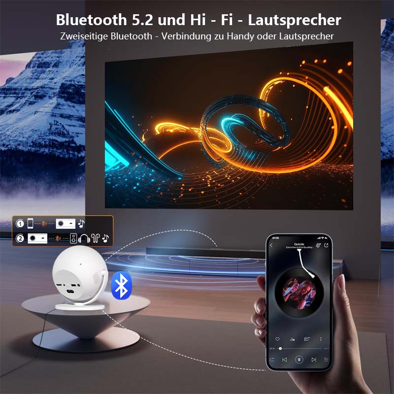 XBJ360 Projector | 360° rotation, Wi‑Fi & Bluetooth connectivity, Android 11 system, 4K outdoor movies, remote control and projection mapping stand