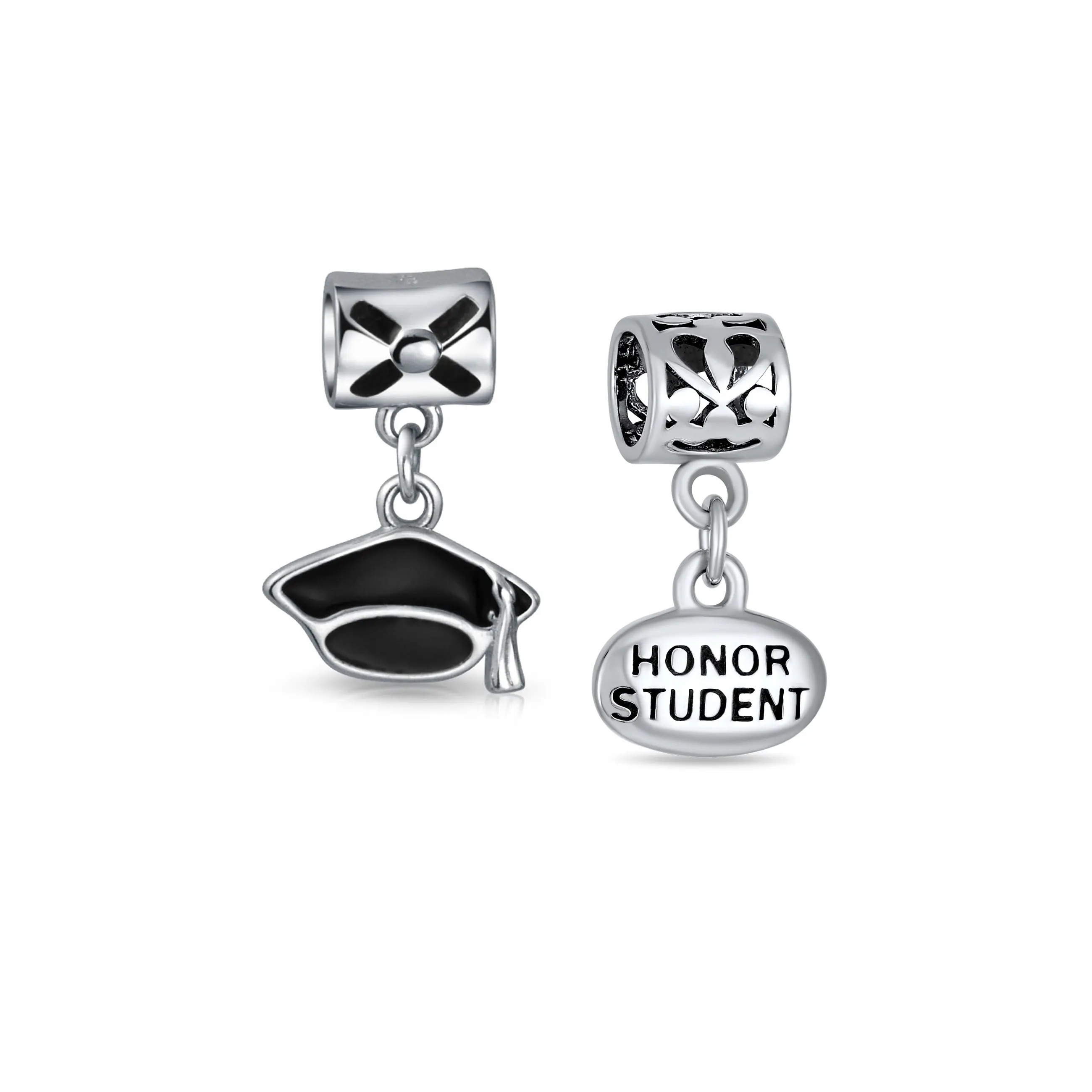 Sterling Silver Graduation Trencher Black Cap & Honor Student Dangle Charm Bead for Bracelet (Set)