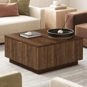 Lift Top Square Wood Coffee Table with Hidden Storage Compartment for Living Room, 31-Inch Farmhouse Fluted Center Tea Table with Wooden Lift-Top for Home, Apartment, Small Space, Brown Walnut