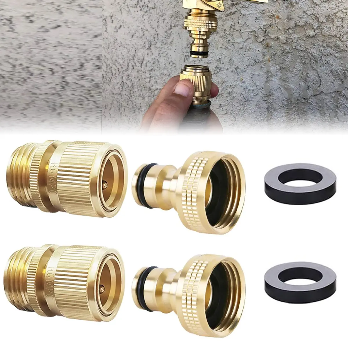 Garden Hose Quick Connectors, Heavy Duty Solid Brass 3/4 Inch GHT, Universal Leak-Proof Fittings for Easy Water Hose Connection (4 Sets)
