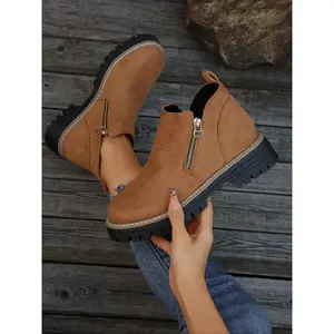 Women's Fashion Faux Suede Side Zip Chunky Sole Walking Shoes, Comfortable Daily Wear Casual Ankle Boots, Versatile Round Toe Shoes for All Seasons