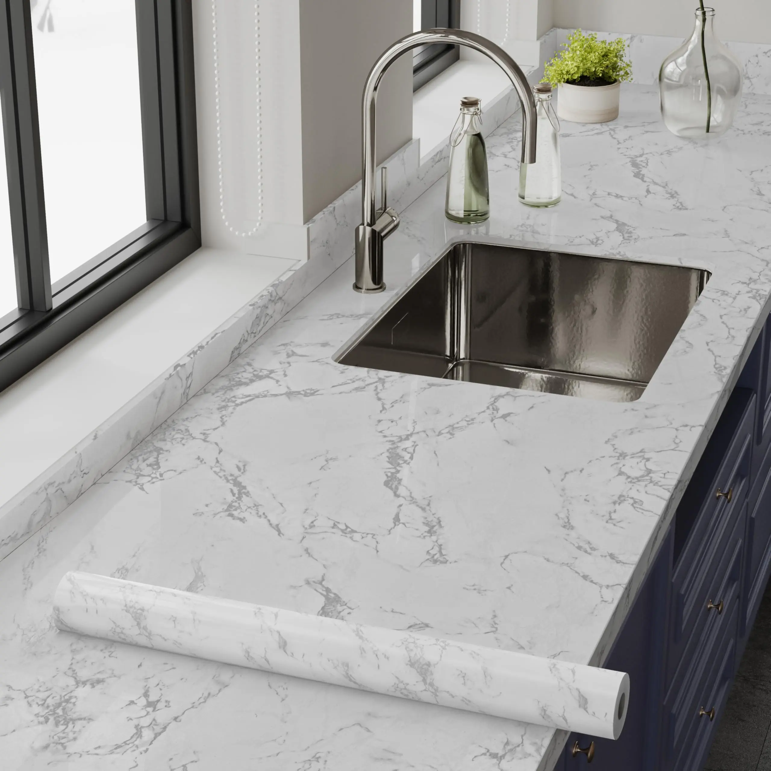 Marble patterned waterproof and self adhesive wallpaper featuring a heat resistant and oil proof PET film is easy to clean with a simple wipe Convenient to install it is ideal for decorating kitchens bedrooms and living rooms