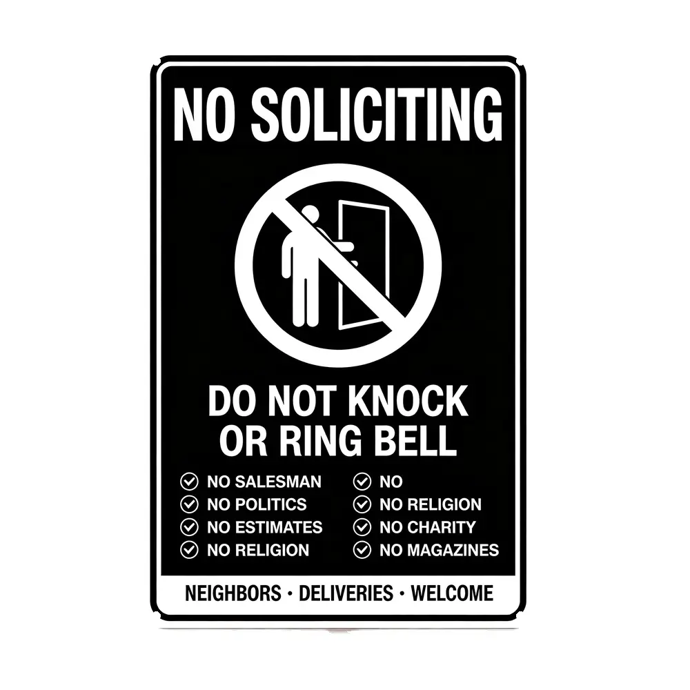 Aluminium No Soliciting Sign for Home Front Door, 8x12 in - Deters Unwanted Deliveries, Welcomes Family/Friends, Ensures Privacy & Peace, Universal Art Plaque, Easy Install, Indoor/Outdoor Home Decor