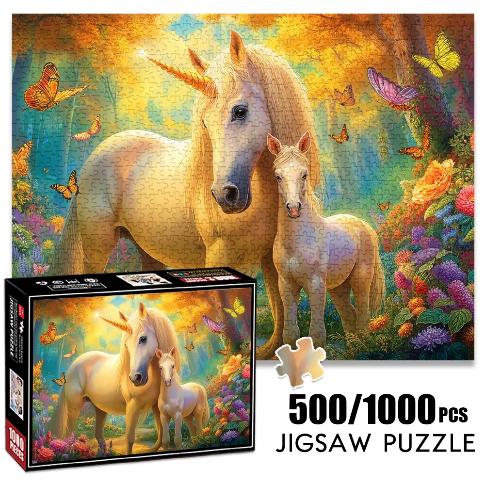 1pc 1000 piece adult puzzle 70x50cm Adult and Baby Unicorn in Enchanted Flower - Filled Forest with Butterflies 500 pieces of paper jigsaw puzzle, suitable for adults and families, large-scale DIY