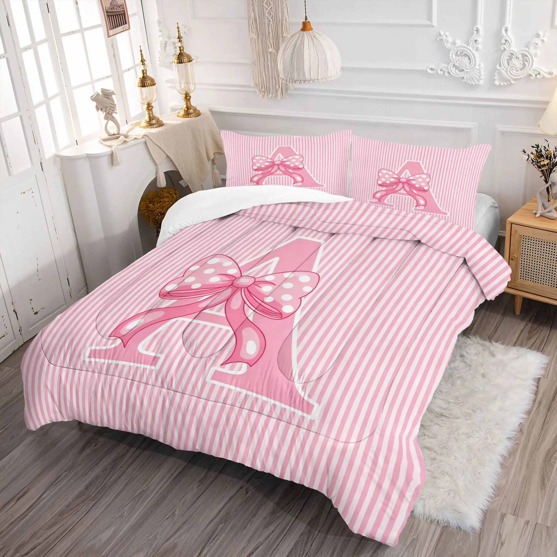 2/3Pcs Pink Striped Initial A-Z Comforter Set, Cute Polka Dot Bow Print Quilt Bedding Set with Pillowcases, Coquette Girly Aesthetic Soft Warm Bedding for Teen Girls Kids Bedroom, Sweet Lovely Home Decor Gift