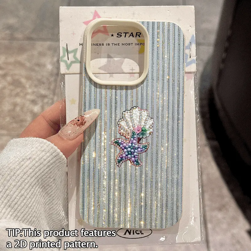 1 gorgeous pearl shell and colorful crystal starfish chest decoration pattern lychee texture anti drop TPU phone case, suitable for iPhone 17/16/15/14/13/12/11/Pro/ProMax/Plus/Air/X/XS/XSMAX series, birthday gift, holiday gift, couple phone case
