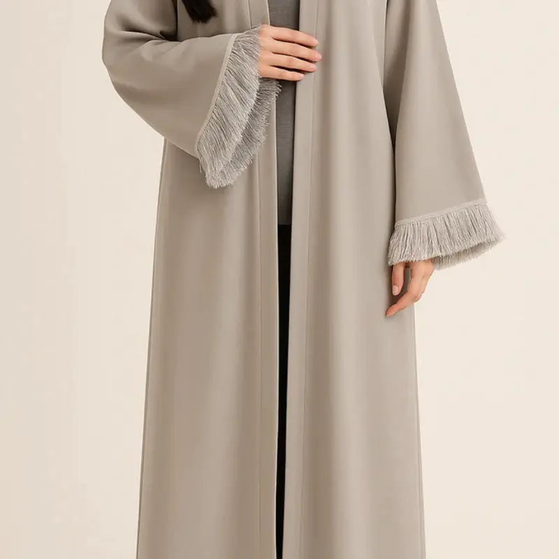 Moonlight Abaya with Grey Tassel Sleeves - Elegant Design in Soft Grey Tone