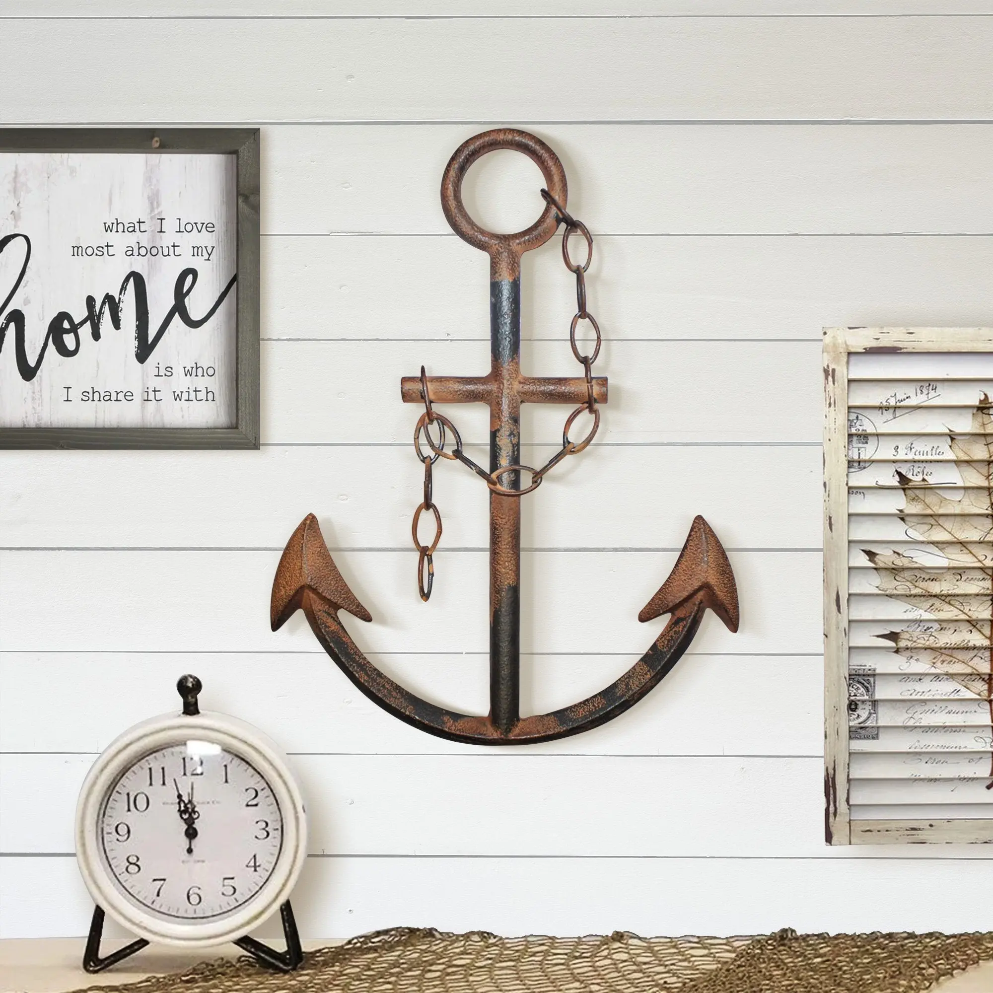 Rustic Navy Anchor Wall Decor – 16” Cast Iron Nautical Wall Art, Coastal Beach House Decor, Hand-Finished