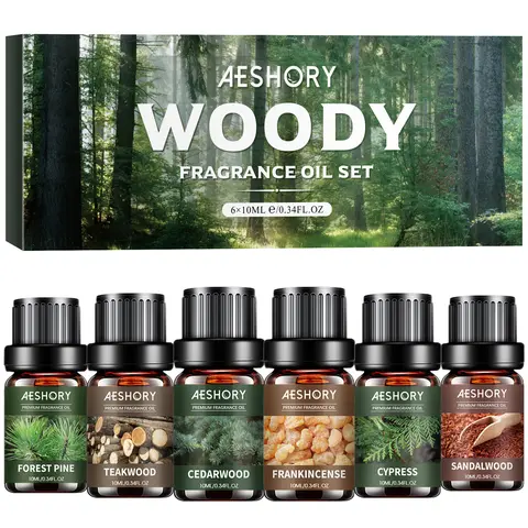 AESHORY Woody Essential Oils Set - 6x10ML Aromatic Fragrance Oils for Candle Making & Diffuser  - Safe Natural Plant-Based Oils for Aromatherapy & Home Fragrant  Linen Room Spray Soap Scented Perfume