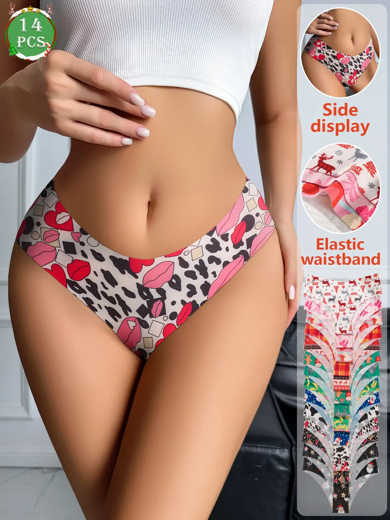 14-piece set of Christmas-themed women's panties, perfect for wearing during Christmas, Valentine's Day, and Halloween. Women's seamless low-rise briefs with various Print patterns including Santa, reindeer, and stars. Underwear Womenswear