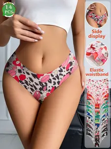 14-piece set of Christmas-themed women's panties, perfect for wearing during Christmas, Valentine's Day, and Halloween. Women's seamless low-rise briefs with various Print patterns including Santa, reindeer, and stars. Underwear Womenswear