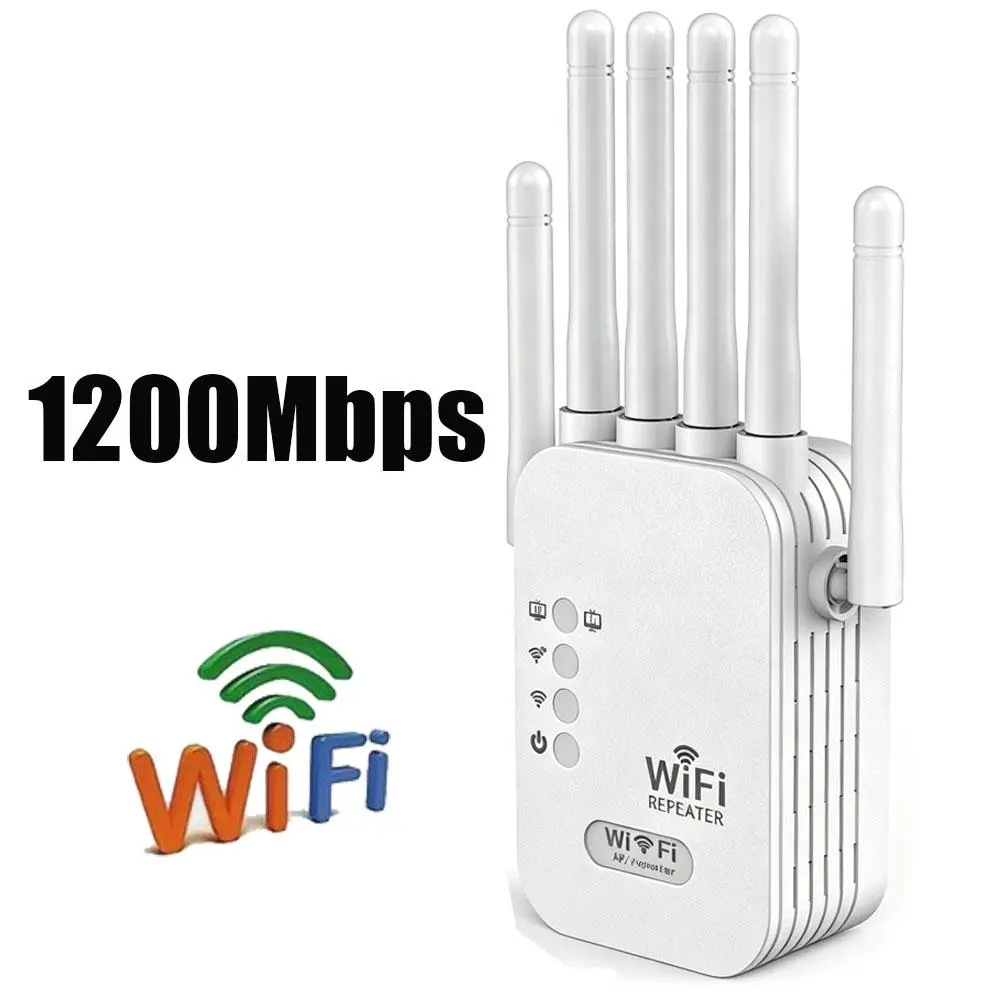 6-Antenna WiFi Extender 1200M Dual-Band (2.4G+5G), AC1200Mbps Home Indoor Signal Booster, US Plug, Plug-and-Play, Eliminates WiFi Dead Zones & Lag