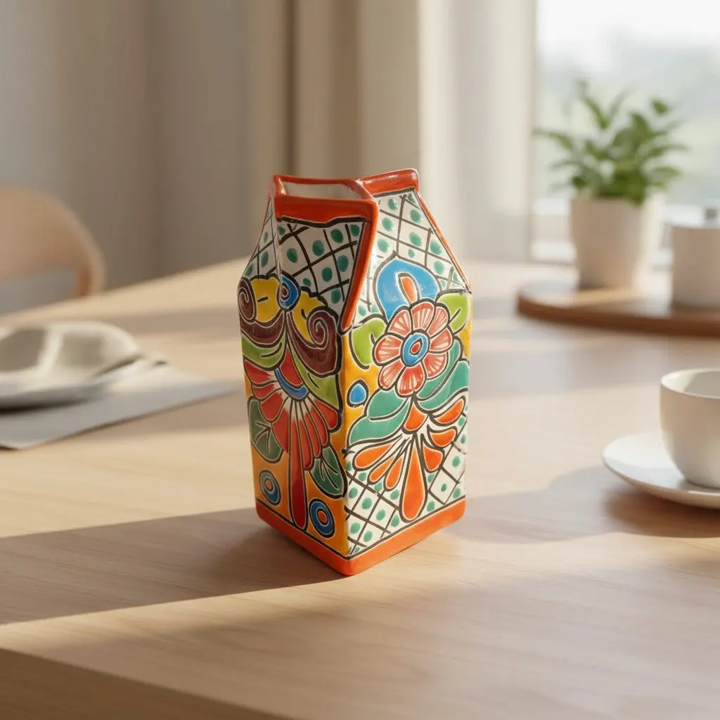 Talavera Hand-Painted Milk Carton | Colorful Mexican Container