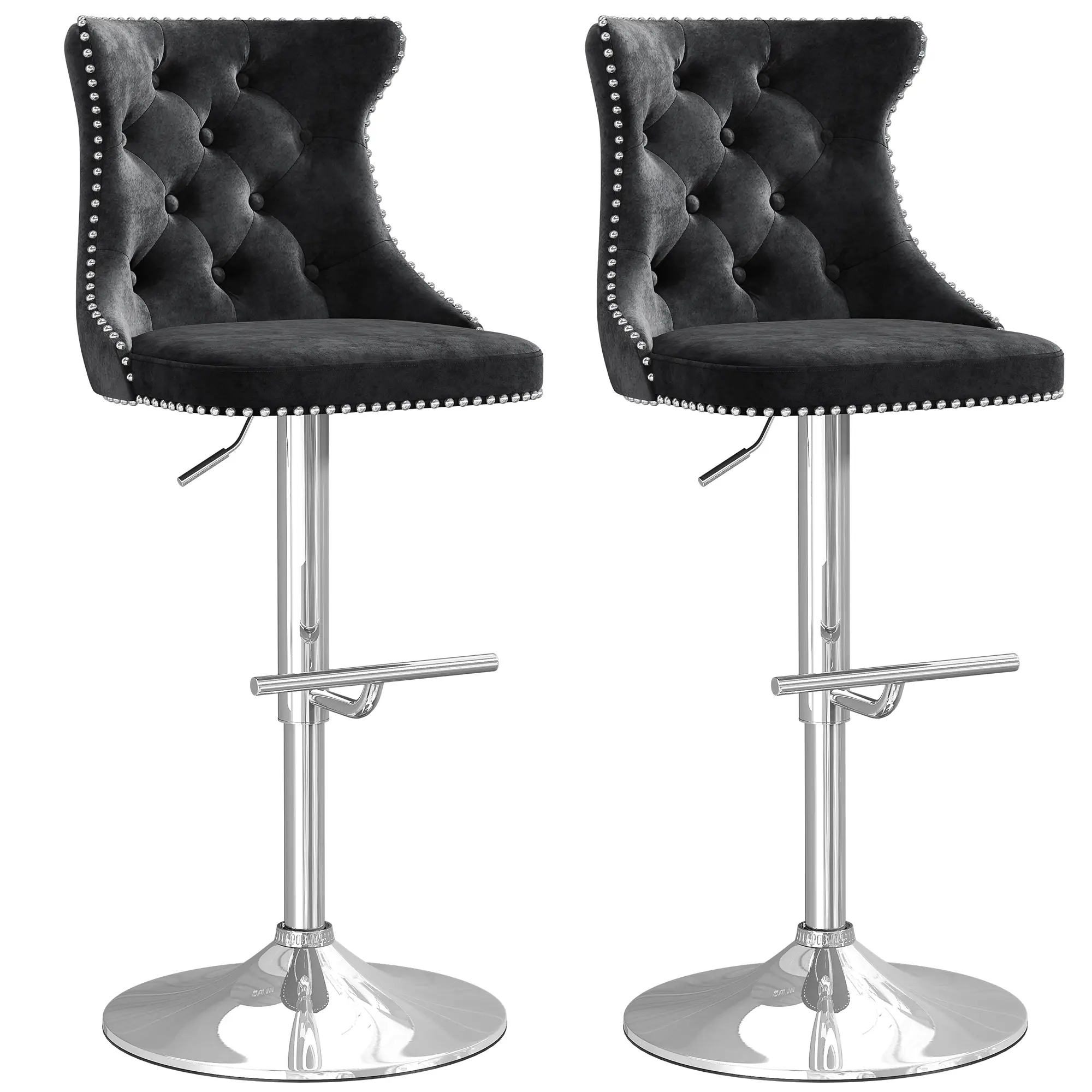 AOWOS Height Adjustable Swivel Barstools 2 Pieces, Velvet High Back Counter Stools with Button Tufted Back and Silver Footrest, Barstool for Kitchen I