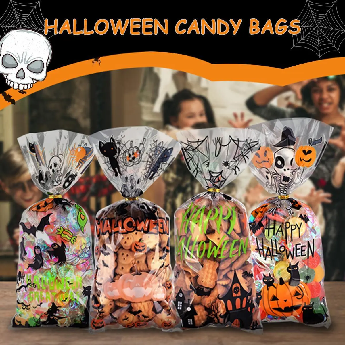 Halloween cellophane candy bags, four different Halloween themed candy bags, 25 each, with 110 strands of wire, for snack biscuit packaging, candy bag party supplies