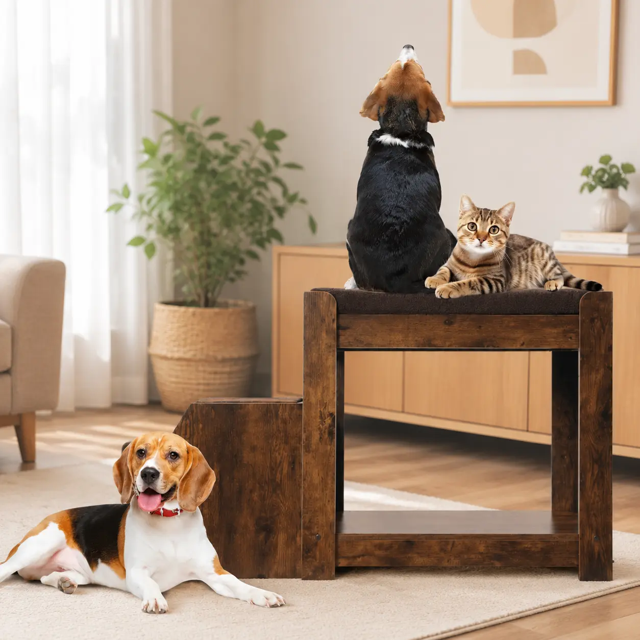 littleox Pet Bunk Bed with Removable Step for Dogs and Cats, Multi-Level Bed Window Perch Seat Platform with Cushion and Cat Scratch Pad, Indoor Use
