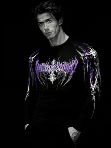 Men's Dark Skull Print Long Sleeve Gym T-Shirt, Stretchy Quick-Dry Cycling Tee, Breathedivinity Style, Ideal for Fitness & Sports