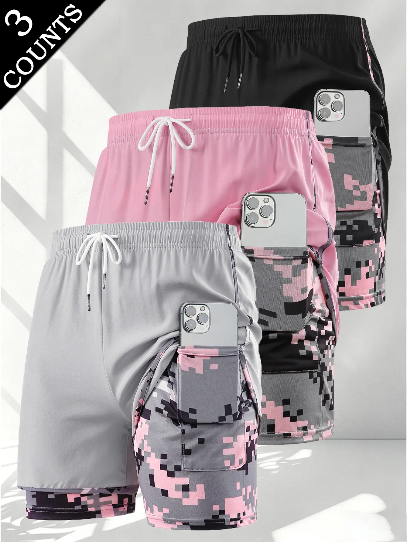 Women's 3-Pack Athletic Wear Shorts - Quick-Dry Ice Silk, Elastic Drawstring Low Waisted, Mid Thigh, Camo Print Patchwork Panels, Breathable, for Street Workwear & Sports Fitness