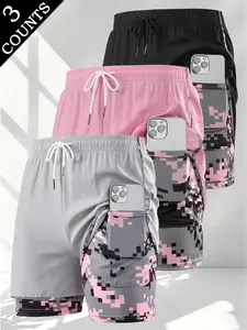 Women’s quick-dry ice silk shorts with elastic drawstring waist, pink/black pixel camouflage patchwork, mid-thigh length; street workwear casual shorts for everyday wear/sports fitness; no — summer.