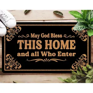 May God Bless This Home & All Who Enter Christian Doormat - Black Welcome Mat with Ornate Gold Accents, Non-Slip PVC Back, Indoor/Outdoor Entry Rug, Faith-Inspired Home Decor & Housewarming Gift