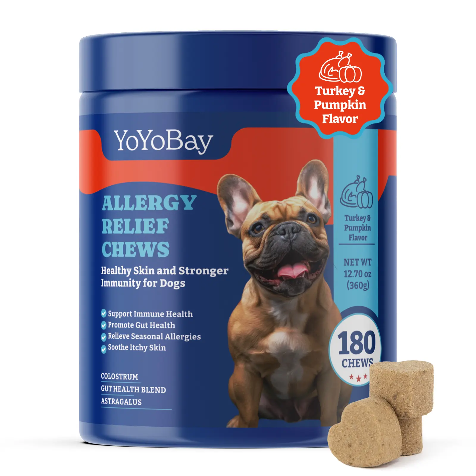 Allergy Relief Chews for Dogs – 180 & 70 Soft Chews Supplement, Turkey & Pumpkin Flavor - YoYoBay Immune Support & Itch Relief Treats with Colostrum, Astragalus Root, 6-Strain Gut Health Blend
