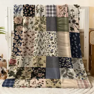 Vintage Patchwork Floral & Plaid Multi - Size Blanket, Cozy Throw with Assorted Botanical, Flower, Checkered Patterns for Bed, Sofa, All - Season Use