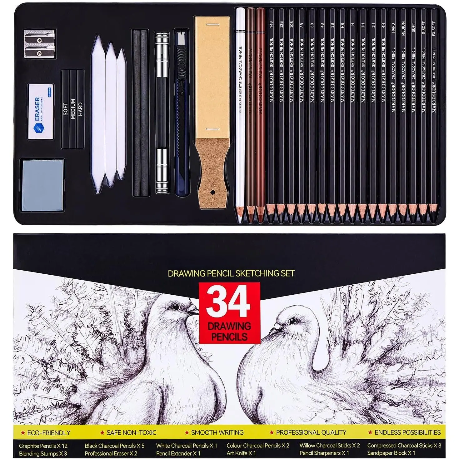Drawing Sketching Pencils Set, 34 count Pro Art Pencil Kit - Graphite Pencils (14B-4H), Charcoal Pencils, Charcoal Sticks, Artist Pencils for Beginners & Pro Artists