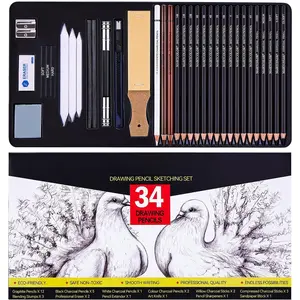Drawing Sketching Pencils Set, 34 count Pro Art Pencil Kit - Graphite Pencils (14B-4H), Charcoal Pencils, Charcoal Sticks, Artist Pencils for Beginners & Pro Artists