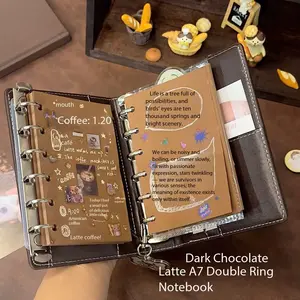 New A7 French Vintage Chocolate Latte Leather Notebook, Dual Ring Pocket Diary Journal, Includes 60 Blank Pages, Portable Notepad