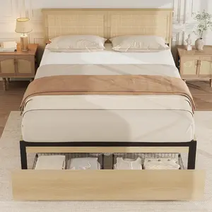King Rattan Bed with Wood Headboard, 2 Storage Drawers & RGB LED Lights, Easy Assembly Boho Platform, Wood Slat Support, Noise Free, No Box Spring