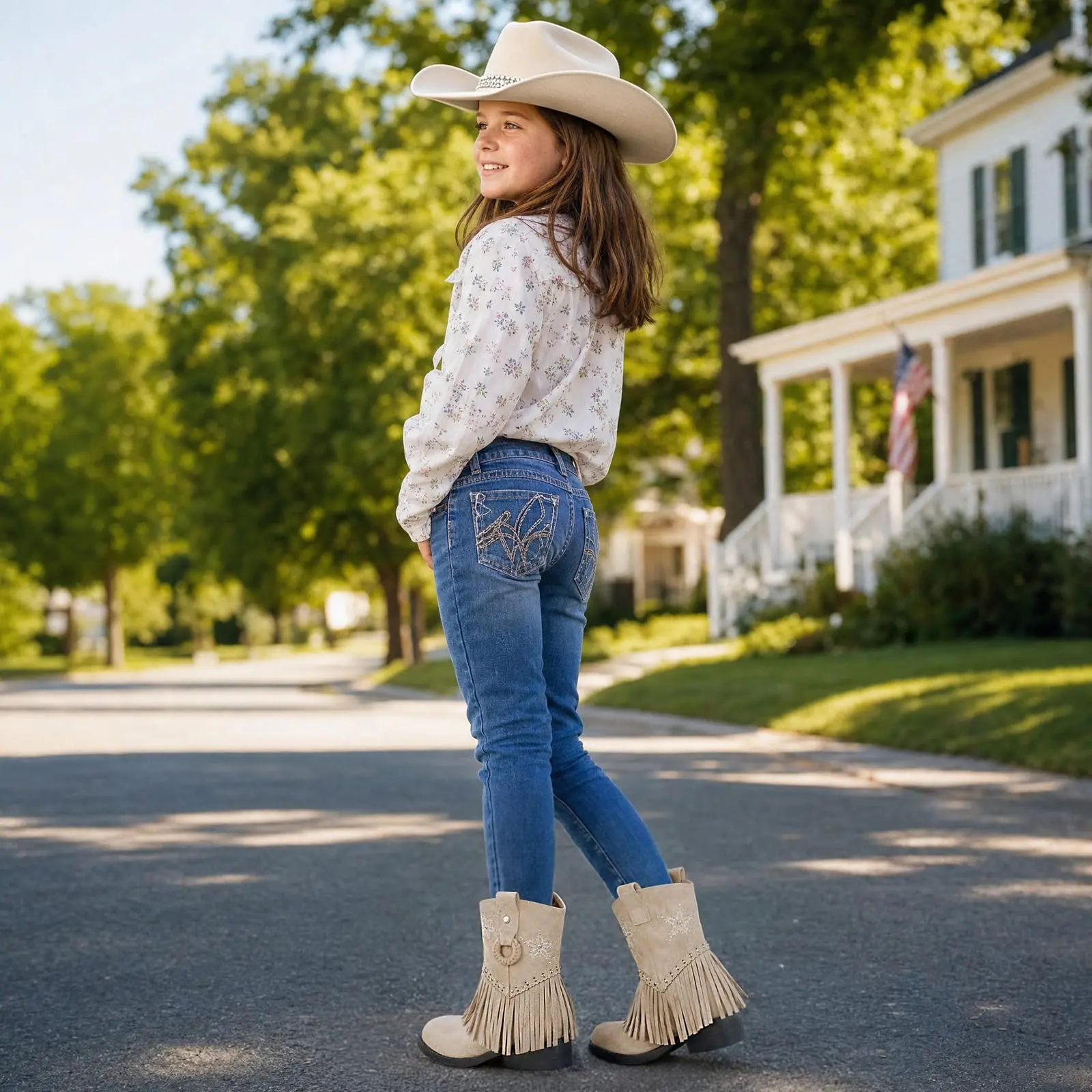 Girls' Floral Low Heel Suede Cowgirl Boots - Comfortable, Non-Slip Western Shoes for Toddlers/Big Kids, Ideal for Daily Wear, Rodeo Theme Parties