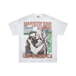 Extra Baggy Retro Faded Jesus & Mary Graphic Tee w/ Rhinestone| 2000s Retro Christiancore Messy Rich Urban Street Style| For Men & Women Emotional Statement Top for Warm Weather Music Festival Edgy Daily Outfit