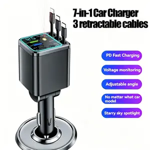GYIOEUPT 7-in-1 Ambient Light Super Fast Car Charger with Starry Sky Ceiling Light, Retractable Cable, and PD Support, Featuring Real-Time Voltage Monitoring and Display