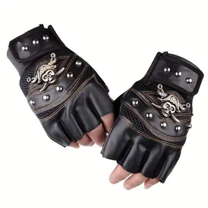 Pirate Aesthetic Skull Half Finger Gloves with Rivet Details for Men - Black Biker Outdoor Sports & Halloween Costume Gear