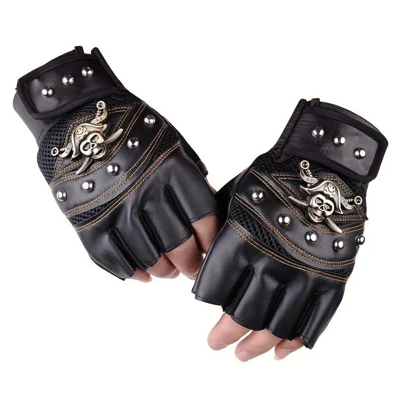 Men's Graphic Skull Fingerless Gloves with Rivets, Gothic Biker Accessory for Motorcycle & Halloween Pirate Costume, Hand Cover, Halloween Costume, Pirate Aesthetic