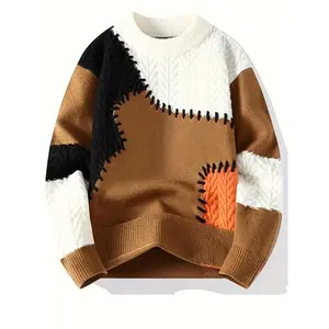 Seasonal Versatility, Men's Color Block Cable Knit Sweater - Warm, Comfortable & Stylish with Ribbed Cuffs, Long Sleeves - Versatile Acrylic Blend Pullover for All Seasons, Versatile Pullover|Color Block Design|Cozy Texture