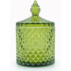 10 oz Olive Green Glass Candy Dish with Lid-Decorative Display Jar for Q-Tip Holder,Cotton Swab Storage,Bathroom Vanity Organizer,Home Office Decor