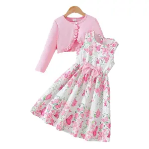 Toddler Girl Pink Ribbed Cardigan & Butterfly Floral Print Dress Set - Cute Ruffle Bow Outfit for Little Girls