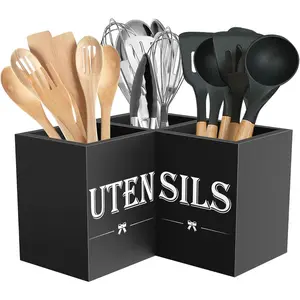 Extra Large Kitchen Utensils Holder with 3 Compartments Corner Utensil Caddy for Countertop Wooden Utensil Organizer for Kitchen Countertop Black