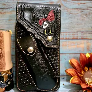 Rooster Western Phone Holster Genuine Leather Phone Belt Holster and Knife Holder Hand Tooled magnetic closure 7x3.75 inches