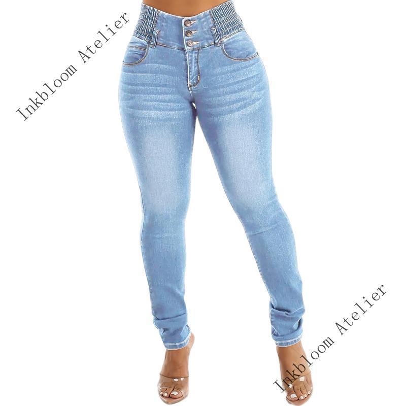 InkbloomAtelierWomen'SHighWaistSkinnyJeans,PolyesterRayonSpandexBlend,HighStretch,SolidColor,ButtonDetails,All-Season,StreetStyle