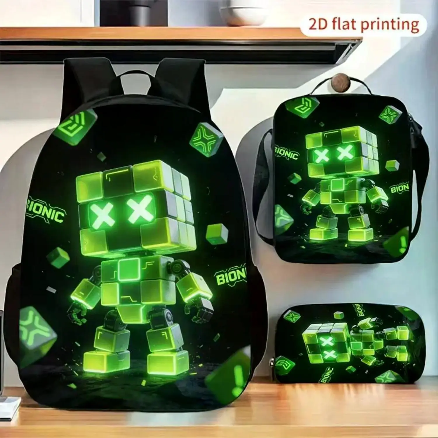 3-Piece Green Glow-In-The-Dark X-Block Robot Print Backpack, Crossbody Bag & Pencil Case Set, Fashionable Multipurpose Storage Bags for Daily Use, Travel & Outings, 17-Inch School Bookbag