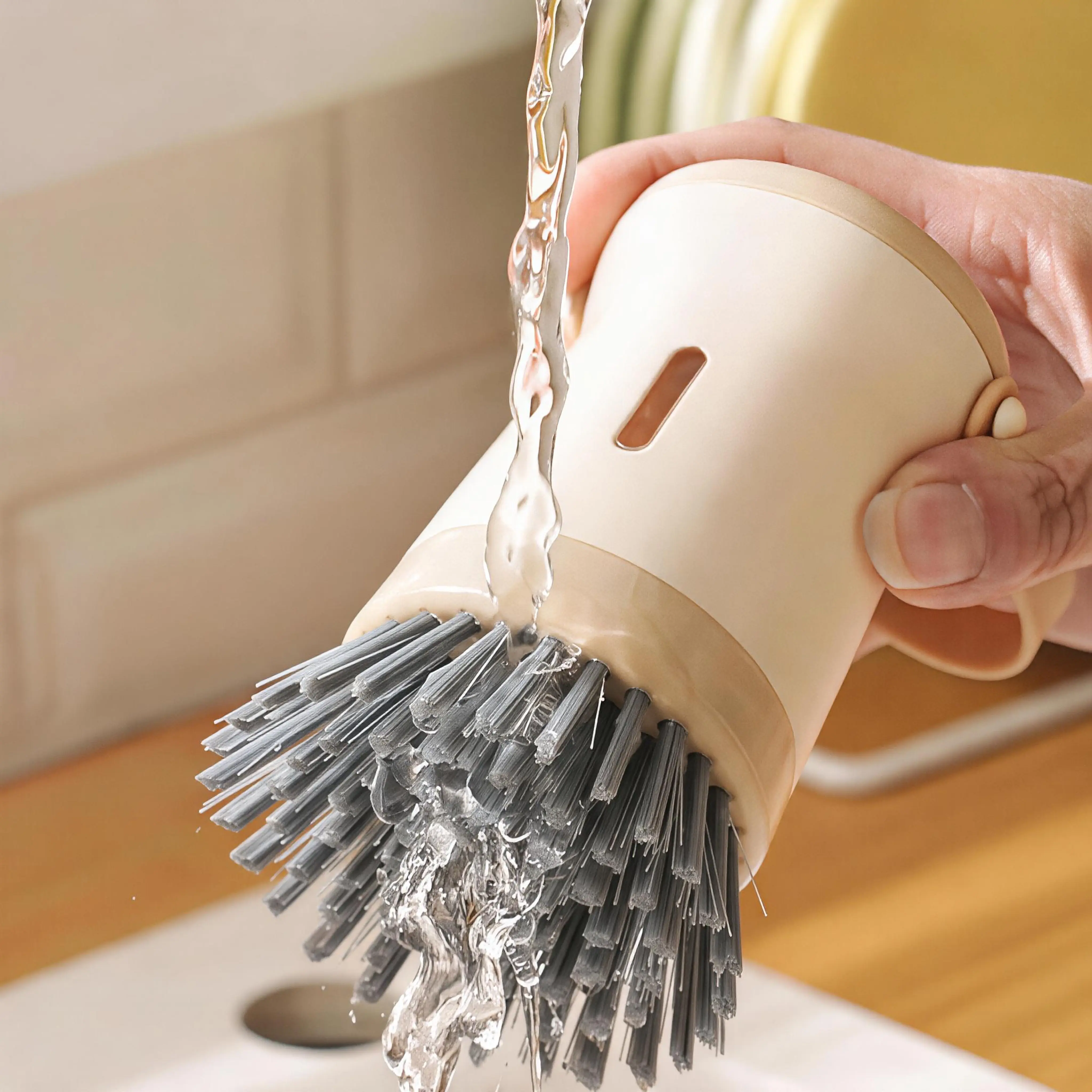 Fillable Kitchen Pot Brush with Built-in Soap Reservoir, Heavy Duty Head for Large Cookware, ABS+PET+Silicone Handle, 1-Motion Scrubbing, Removes Burnt Residue & Grease, Ideal for Home Cooking & Everyday Use