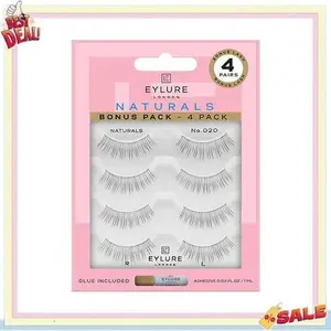Eylure Naturals No. 020 Reusable Eyelashes, Adhesive Included, Black, 4 Pairs