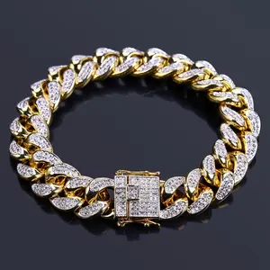 AAA+Synthetic Zirconia Miami Cuban Chain 14mm Men's Subtle Gold Plated Party Hiphop Bracelet