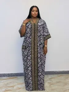 African Style Plus Size Kaftan, Geometric Print Ethnic Loose V-Neck with Pockets, Women's Casual Party Boubou Dress, Comfortable and Stylish, Womenswear