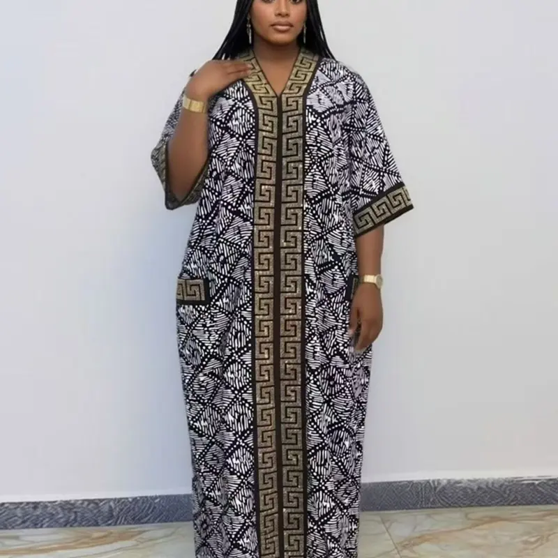 Plus Size African-Style Kaftan Dress for Women, Geometric Print Ethnic Loose V-Neck Boubou with Pockets for Casual Boho Chic Party Wear, Comfortable and Stylish, Boho Dresses, Ethnic Printed Dress